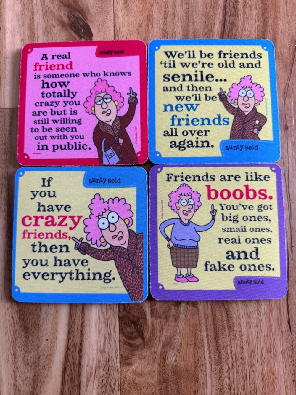 Aunty Acid Funny Friends Drink Coasters - Pink, Blue, Yellow, Purple